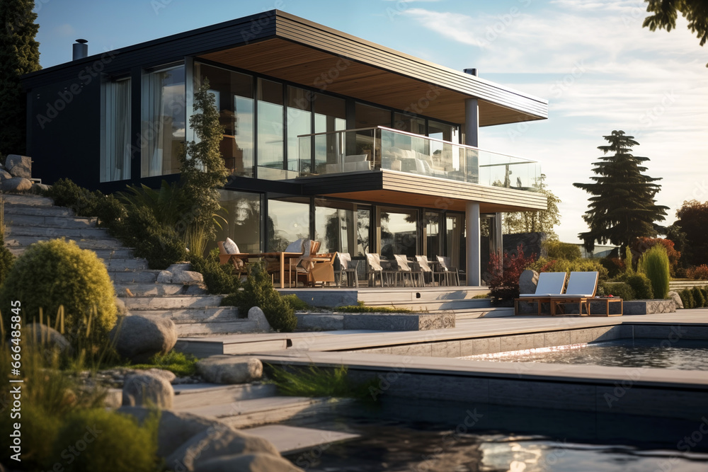 Fototapeta premium Contemporary modern house with swimming pool. Architect's house. Modern house with large windows. Real estate. Real estate agency. Real estate agent 