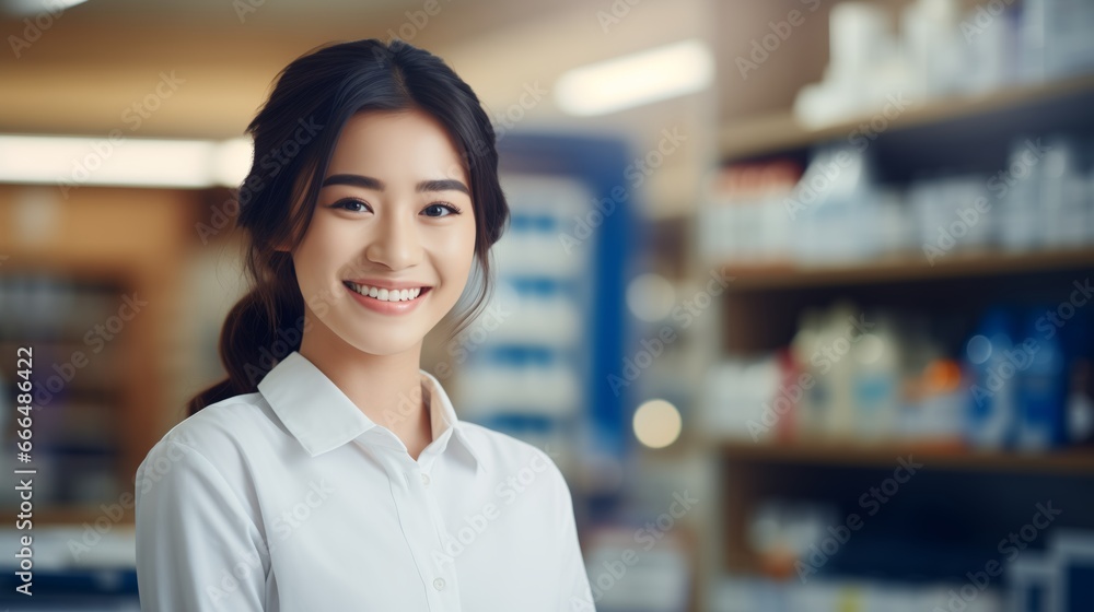 Cheerful pharmacist standing in pharmacy drugstore, Medicine, pharmaceutics, health care and people concept: happy female pharmacist giving medications to senior male customer Cheerful pharmacist standing in pharmacy drugstore, Medicine, pharmaceutics, health care and people concept: happy female pharmacist giving medications to senior male customer