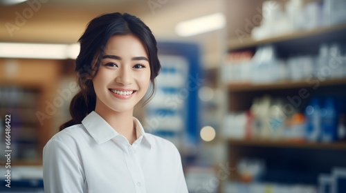 Cheerful pharmacist standing in pharmacy drugstore, Medicine, pharmaceutics, health care and people concept: happy female pharmacist giving medications to senior male customer