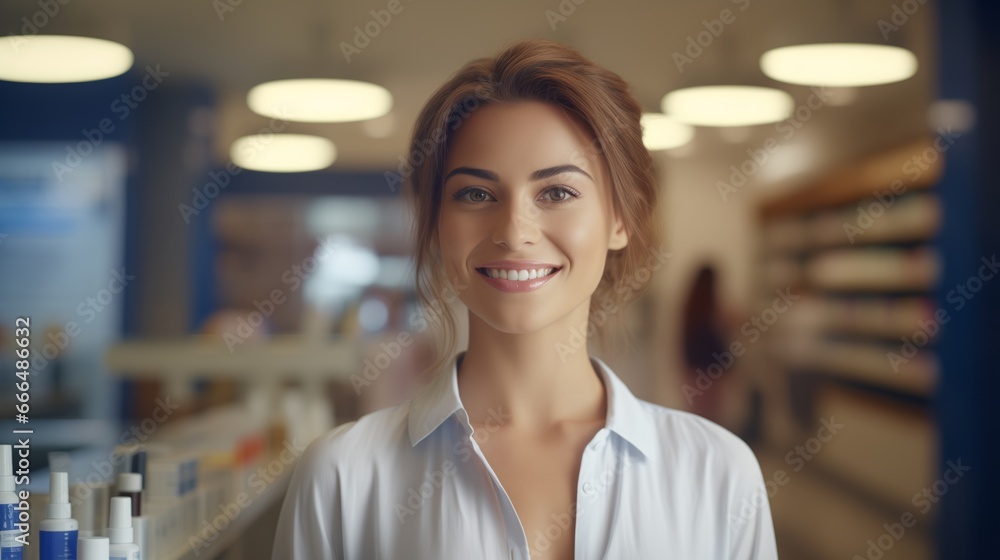 Cheerful pharmacist standing in pharmacy drugstore, Medicine, pharmaceutics, health care and people concept: happy female pharmacist giving medications to senior male customer