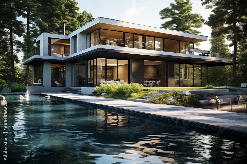 Contemporary modern house with swimming pool. Architect's house. Modern house with large windows. Real estate. Real estate agency. Real estate agent	
	