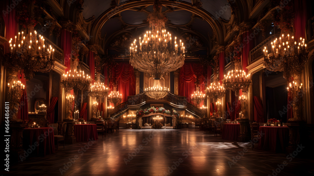Step into a world of haunted elegance with this awe-inspiring image. A grand ballroom adorned with Gothic décor hosts a masquerade ball. - obrazy, fototapety, plakaty 