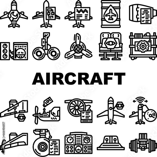aircraft mechanic aviation icons set vector. maintenance plane, jet engine, airplane airport, technician industry, repair aircraft mechanic aviation black contour illustrations