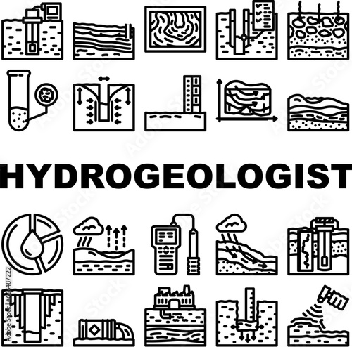 hydrogeologist industrial icons set vector. geology industry, pipe drill, man engineering mining, geologist oil, team, data hydrogeologist industrial black contour illustrations