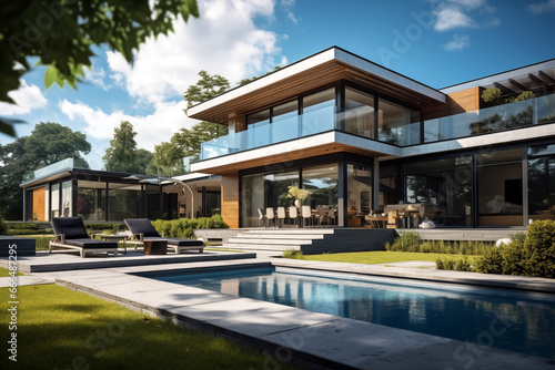 Contemporary modern house with swimming pool. Architect's house. Modern house with large windows. Real estate. Real estate agency. Real estate agent 