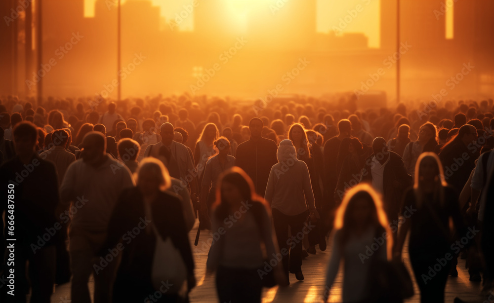 Large crowd of people commuting to work in the morning, sunrise time.