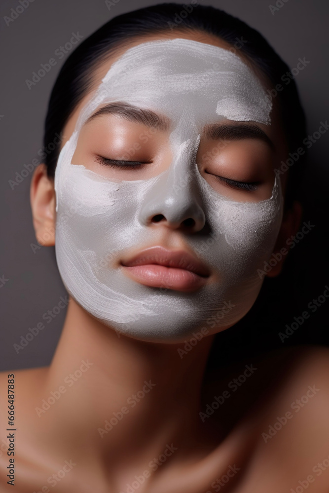 Girl with a mask of healing clay on her face in a spa salon Girl with a mask of healing clay on her face in a spa salon