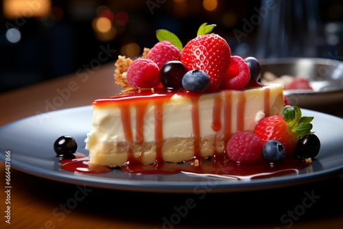 A tantalizing slice of cheesecake, crowned with vibrant, fruity exuberance