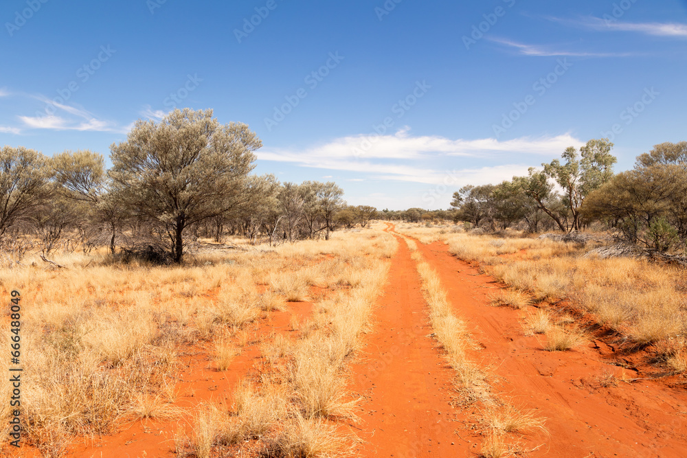 A red dirt track disappearing off into the distance in semi arid outback country in Currawinya National Park in Queensland, Australia.