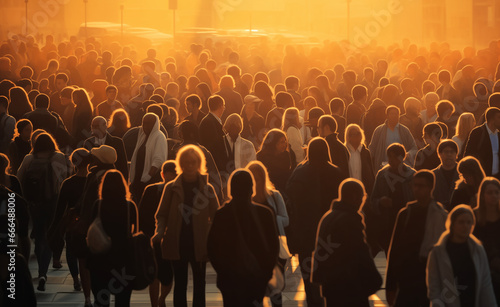 Large crowd of people commuting to work in the morning, sunrise time.