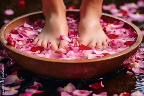 A gentle spa bath with flower petals to relax your feet