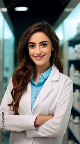 Cheerful pharmacist standing in pharmacy drugstore, Medicine, pharmaceutics, health care and people concept: happy female pharmacist giving medications to senior male customer © ND STOCK