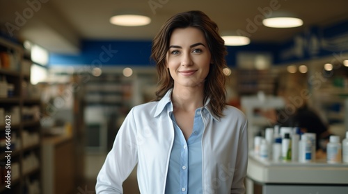 Cheerful pharmacist standing in pharmacy drugstore, Medicine, pharmaceutics, health care and people concept: happy female pharmacist giving medications to senior male customer