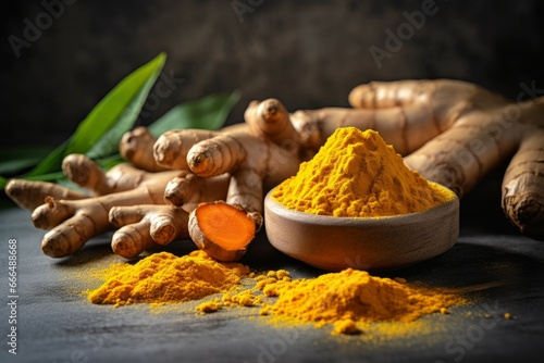 Aromatic turmeric powder and raw roots. Medical fresh flavor herbal food. Generate Ai photo