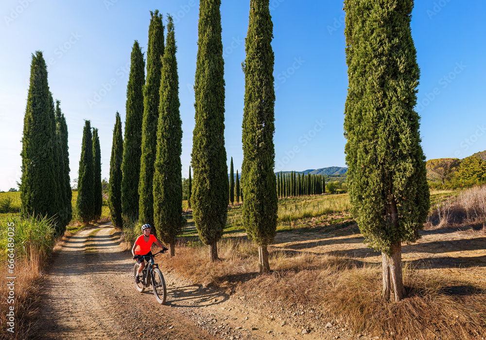 nice senior woman riding her electric mountain bike in a cypress avenue in the Ghianti Area of Tuscany,Italy