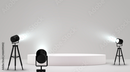 Studio spotlights. Realistic photo studio with podium and professionals equipment.