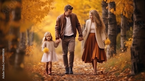 Beautiful young family on a walk in autumn forest. 