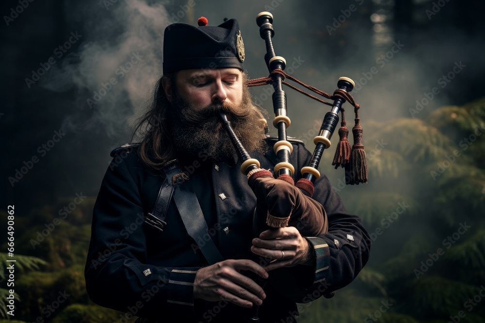 Obraz premium Bagpipe music man portrait outdoor nature. Uniform skirt player person. Generate Ai
