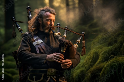 Bagpipe music man portrait outdoor. Traditional uniform musician player. Generate Ai