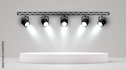 Studio spotlights. Realistic photo studio with podium and professionals equipment.