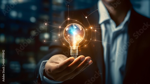 Businessman holding creative light bulb with growth graph and banking icons. Financial innovation technology develop new products and services that enhance successful and profit in global business.