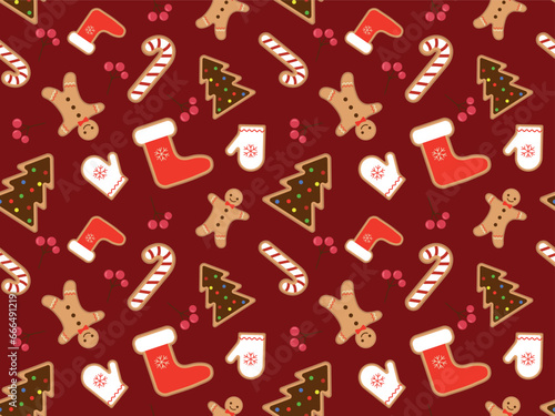 Seamless pattern with cute Christmas gingerbread cookies. Gingerbread man, shoes, Christmas tree and gingerbread cookies on a dark red background with red berries.