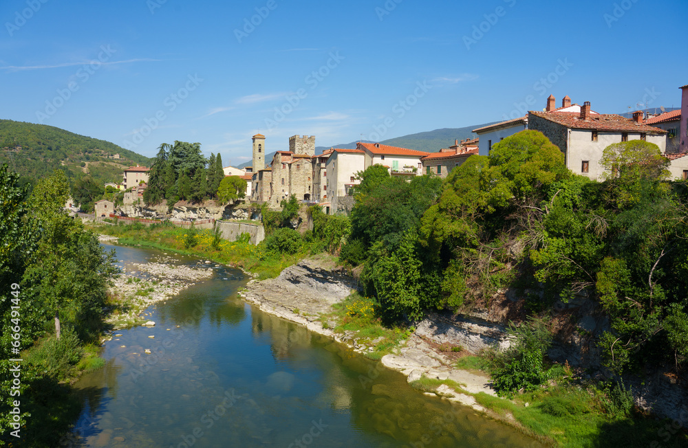 cityscape of Capolona at Arno River in the Casentino area of Tuscany, Italy
