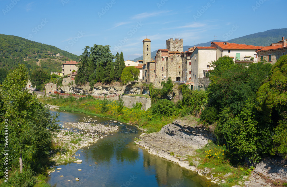 cityscape of Capolona at Arno River in the Casentino area of Tuscany, Italy