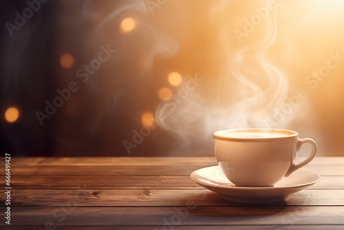 A cup of hot drink with steam against golden bokeh background