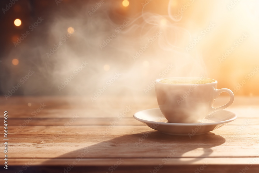 Fototapeta premium A cup of hot drink with steam against golden bokeh background