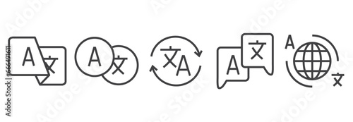 Translation icon set. Simple set of icon for translator app. Chat bubbles with language translation icons in line styles. Online multi language translator. Language translation line icon. 