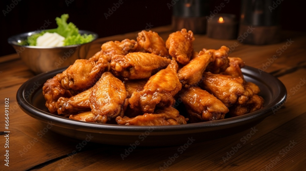 Fried chicken wings in a plate on a wooden table. 