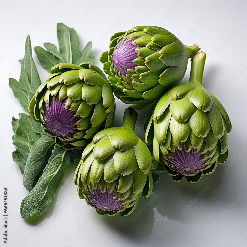 Fototapeta premium High Angle View Artichokes , Hd , On White Background 