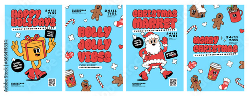 Merry Christmas market groovy funny cartoon posters. Santa Claus, Christmas tree, coffee and ball in trendy funky retro cartoon style. Greeting cards, template, posters, prints and backgrounds.