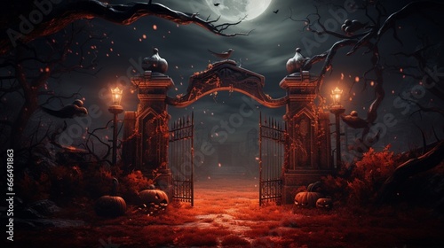Gate with Halloween theme background. scary cemetery gate. 