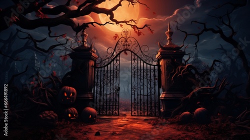 Gate with Halloween theme background. scary cemetery gate. 