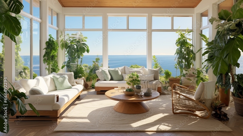 Large airy livingroom interior with windows open to the ocean and lots of plants. 