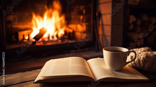 Hygge concept with open book and cup of tea near burning fireplace. 