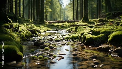 water flowing in the forest full of greenery and moss. Spring time in the woods. Green forest full of nature and wild life. Green. Forest. Nature. Wildlife