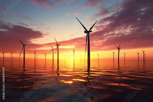 Dusk offshore wind turbines for sustainable energy. Generative AI