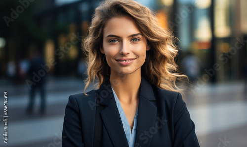 Ambitious Career Woman: Confident in Front of Corporate Building