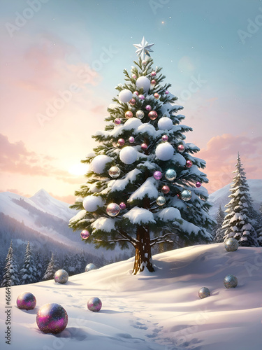 Snowcapped christmas tree with baubles adorning the branches as well as the ground