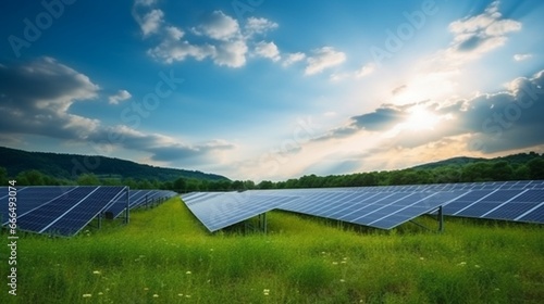 Photovoltaic farm - renewable energy from sunlight - photovoltaic panels set on a green field. Renewable energy supplying medium-sized enterprises.