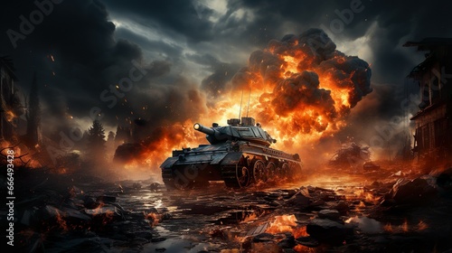 tank on war zone fire and smoke in the desert background