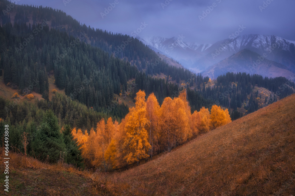 Beautiful mountain landscape on a gloomy autumn day, Tien Shan Range near city of Almaty in Kazakhstan, Kimasar Gorge