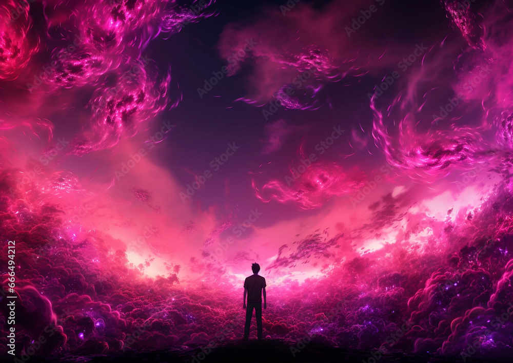 A Young Man Looking at a Sky full of Swirling Pink Fantasy Clouds Backdrop