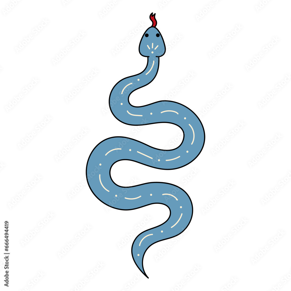 Obraz premium Cute doodle illustration in flat style, blue poisonous snake isolated on white background. Witch's pet, witchcraft.