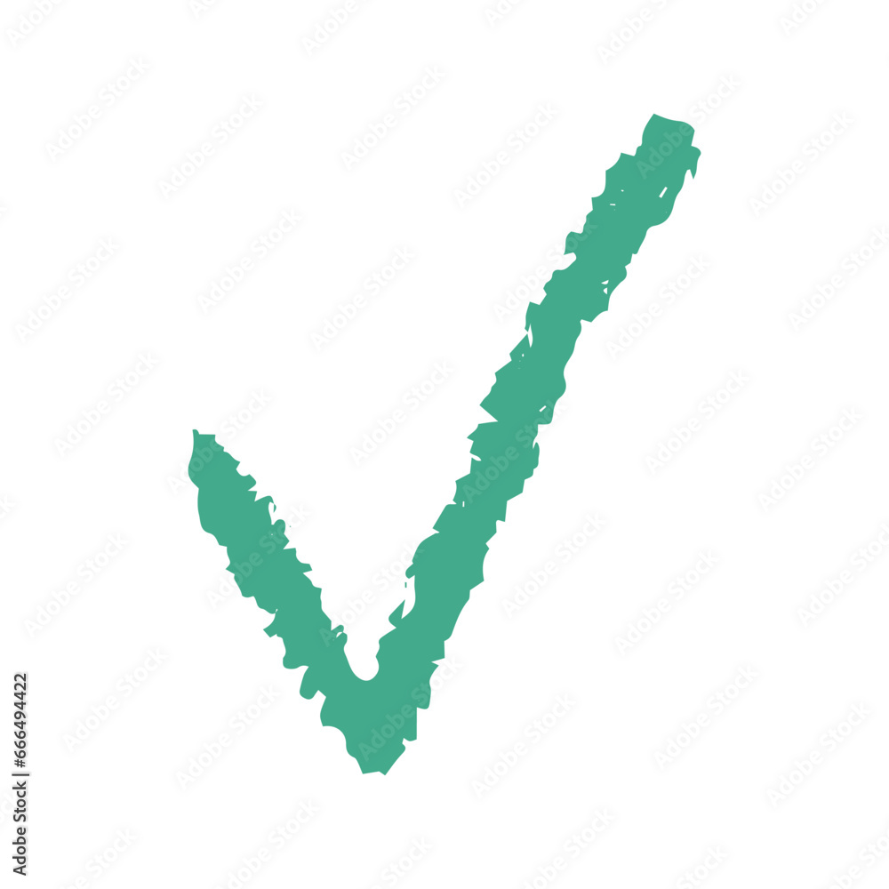 Isolated on a white background green texture element in the shape of a check mark. Sign of approval, confirmation, hand drawn doodle.