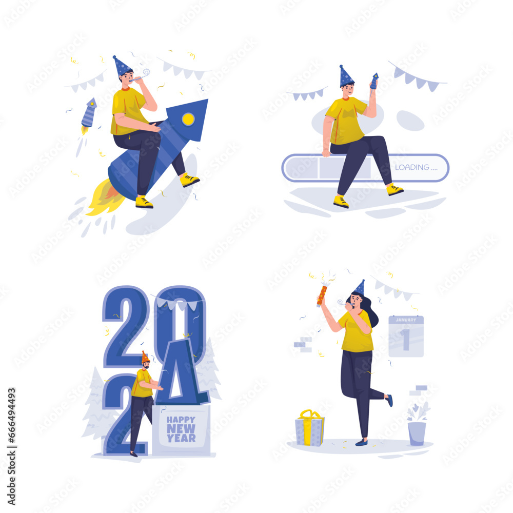 Happy new year 2024 party celebration illustration set