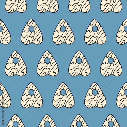 Cute doodle illustration in flat style, arrow seamless pattern for Ouija board on blue background, fortune telling. Witch items, witchcraft.
